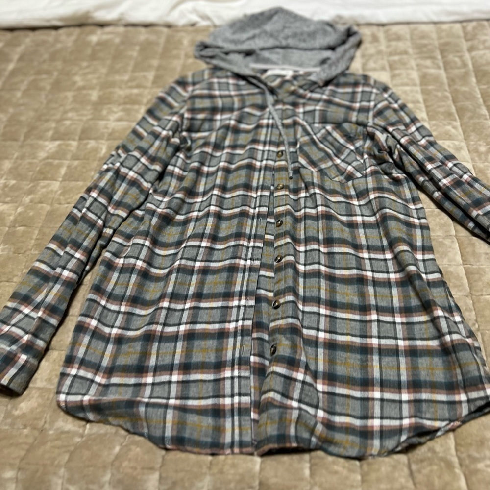 Plaid Hooded Button-Up Shirt